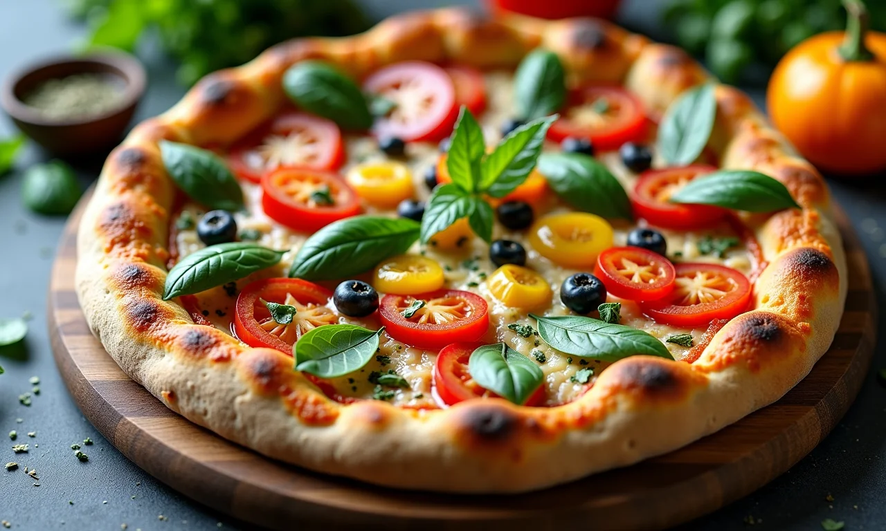 Pizza integral com recheios saudáveis e coloridos.