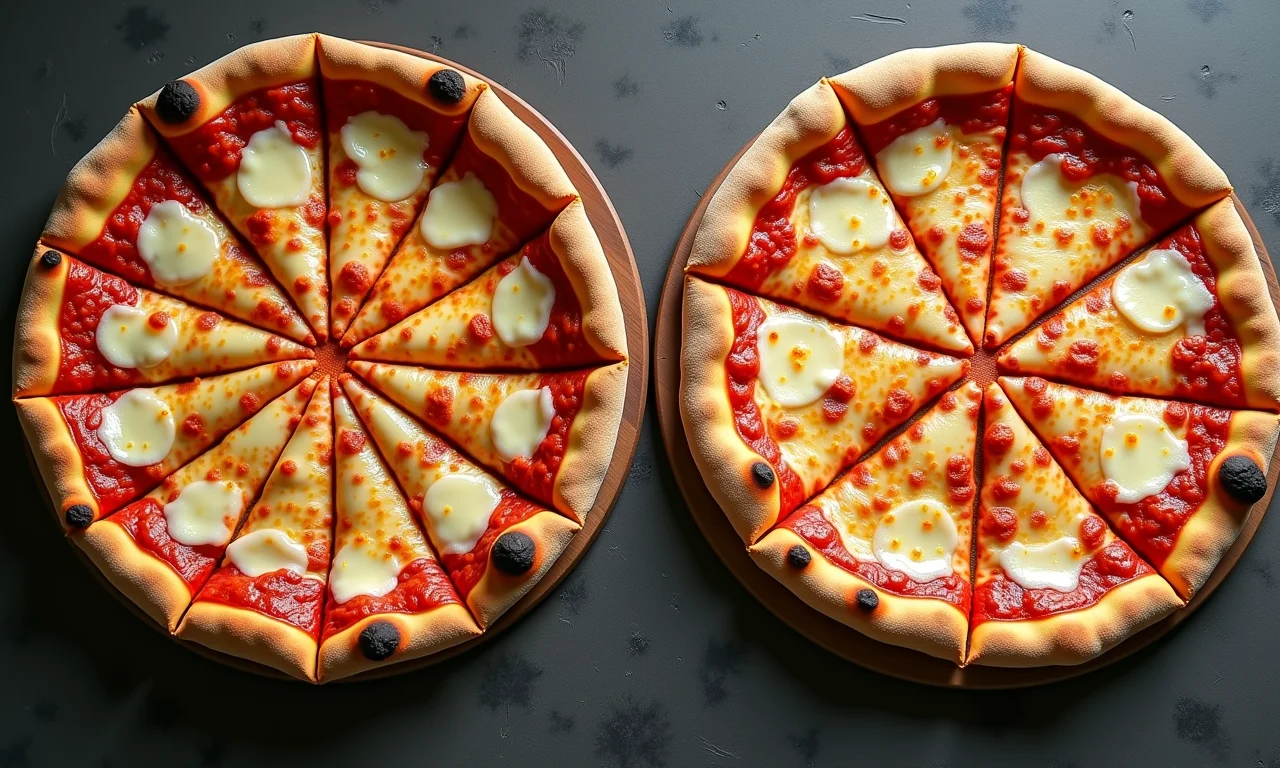 Pizza integral e comum lado a lado, diferença na espessura.