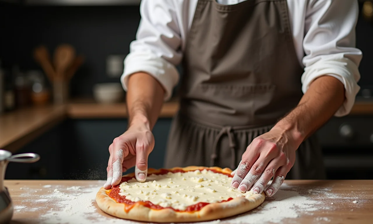 Pizzaiolo experiente demonstrando técnicas para uma massa de pizza impecável.