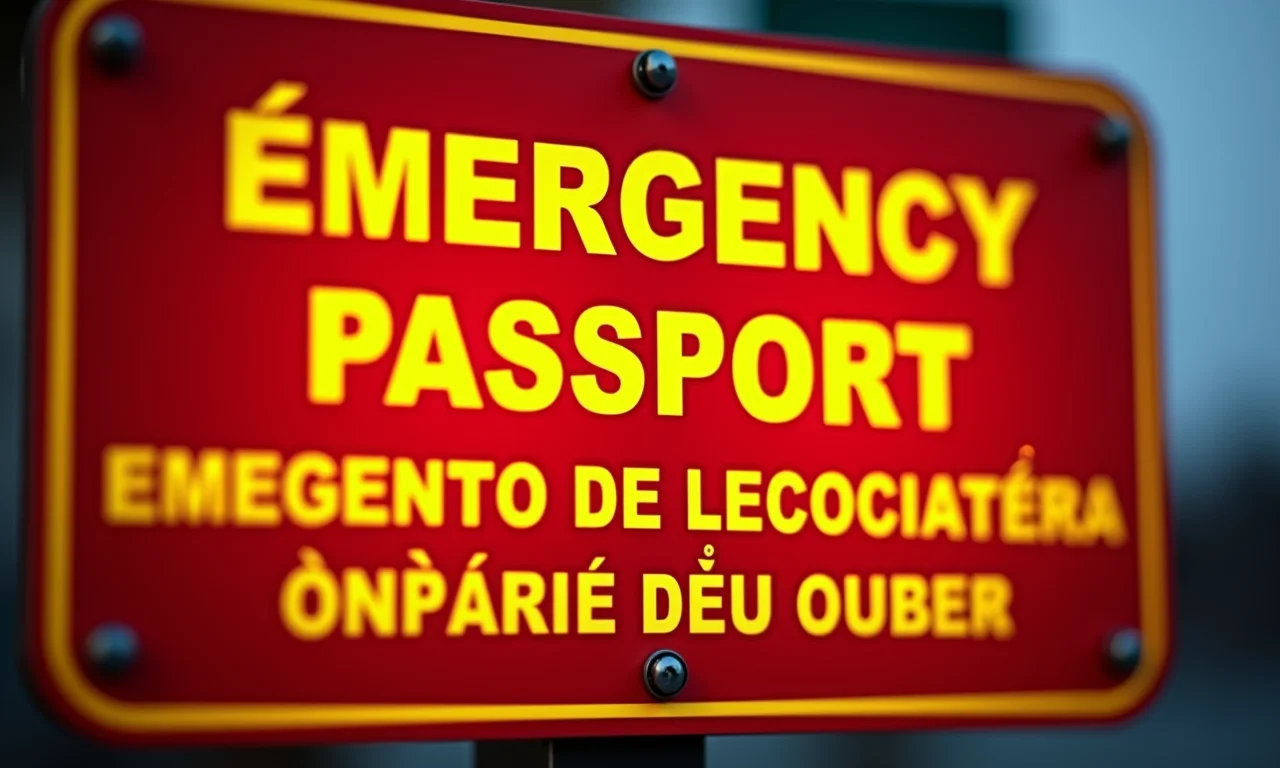Placa indicando 'Passaporte de Emergência' em português.