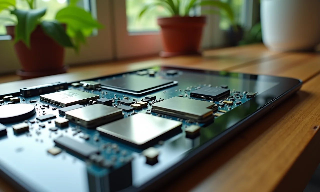 Placa mãe de um tablet com componentes visíveis.