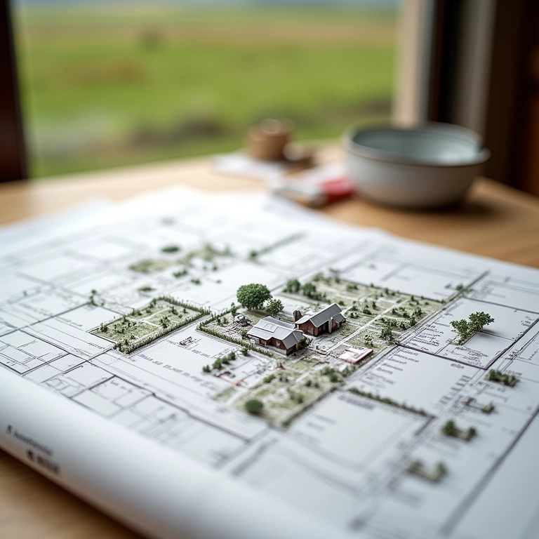 Planejamento da infraestrutura de um sítio, com layout e desenhos arquitetônicos.