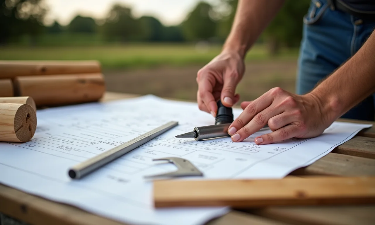 Planejamento do tamanho ideal de um curral de madeira com ferramentas de medição.