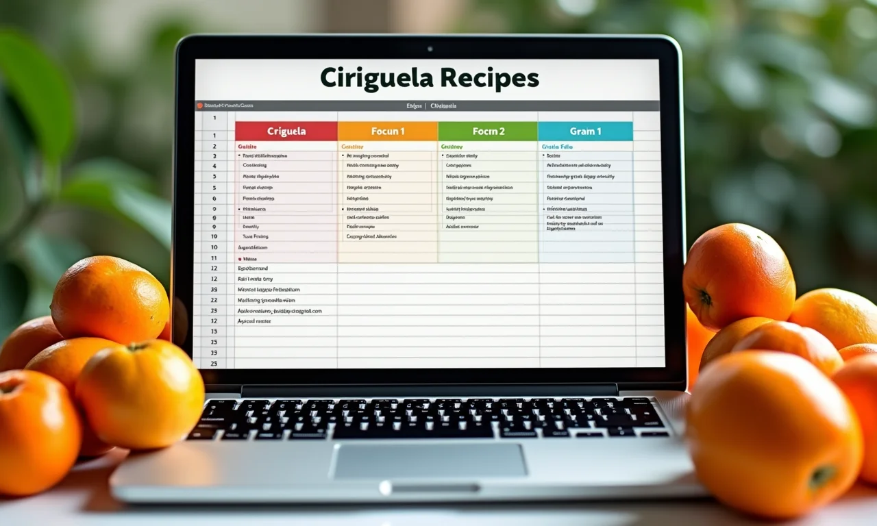 Planilha de receitas com ciriguela exibida em um laptop, cercada por frutas frescas.