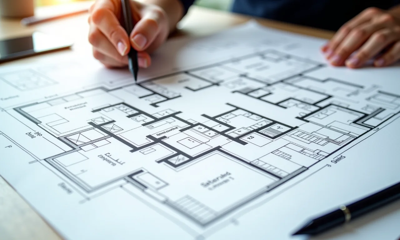 Planta baixa detalhada de um sobradinho moderno sobre a mesa de um arquiteto.