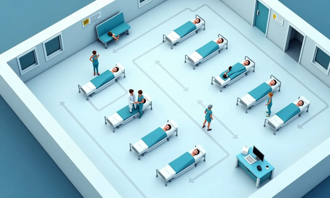 Planta de enfermaria destacando dados de pacientes e necessidades de equipe.