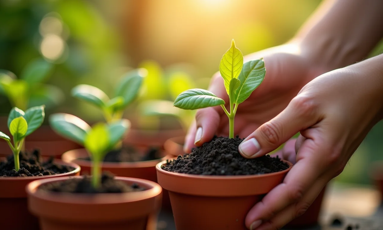 Plantando sementes de frutas para fazer mudas.