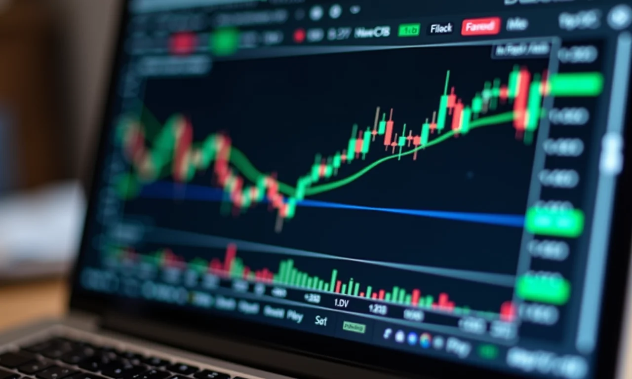 Plataforma MetaTrader 5 (MT5) exibindo gráficos e ferramentas de trading em tela de laptop.