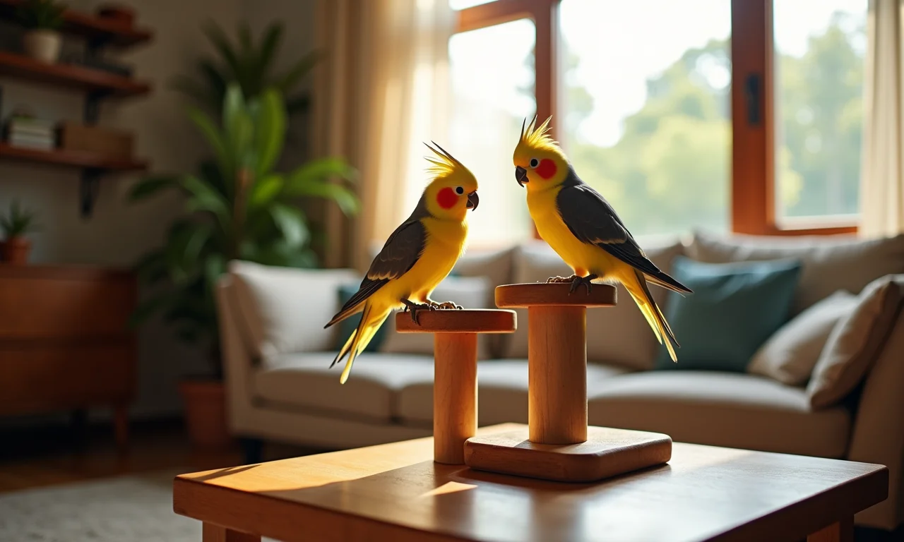 Playground de calopsita perto da janela.