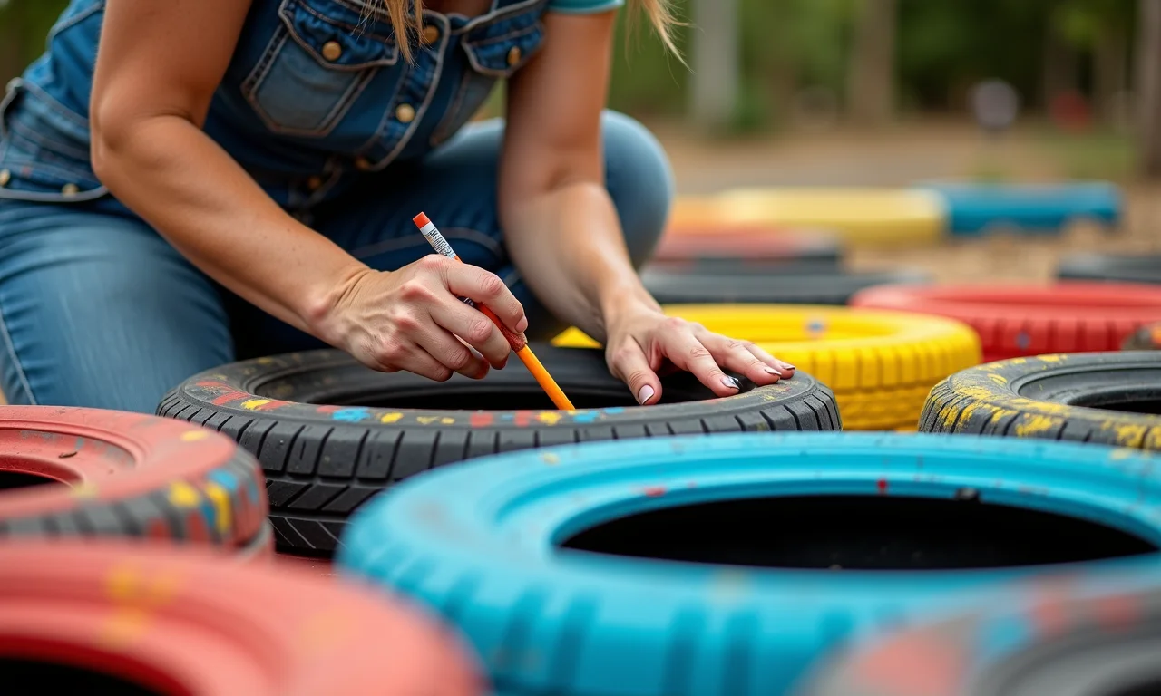 Pneus sendo pintados com cores vibrantes para a horta.
