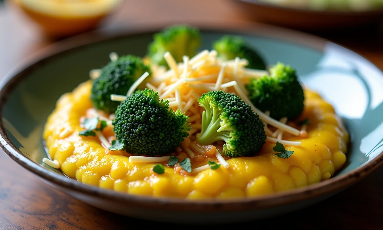 Polenta cremosa com brócolis e queijo, uma opção vegetariana saborosa e nutritiva.