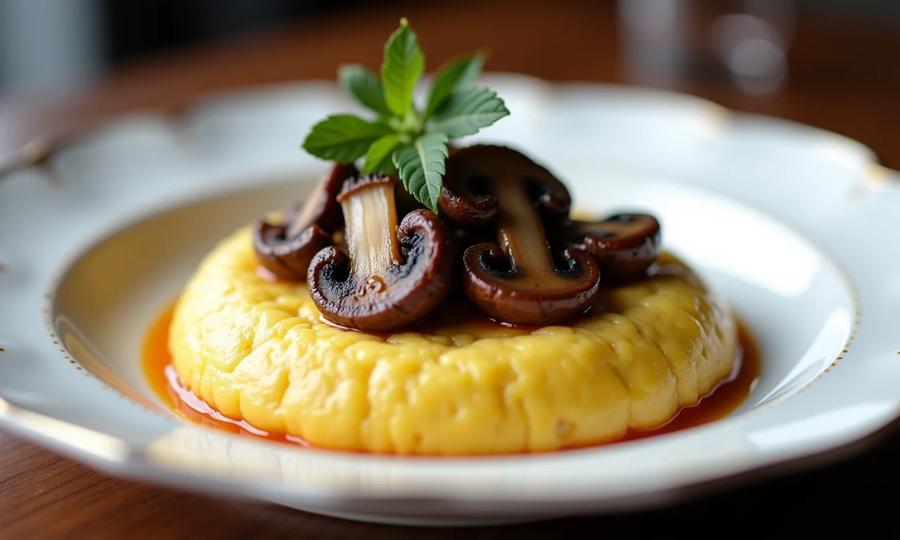 Polenta cremosa com cogumelos trufados, um prato sofisticado e elegante.