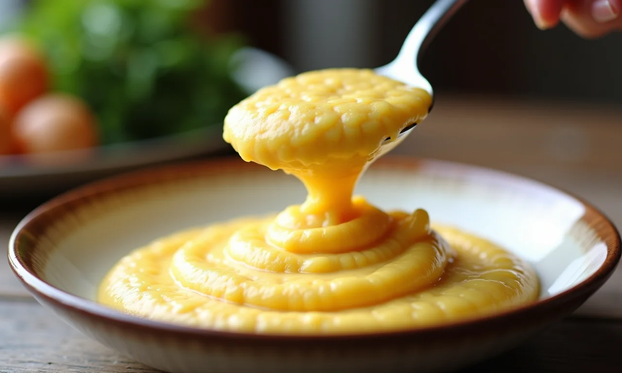 Polenta cremosa sendo servida, mostrando sua textura aveludada e convidativa.