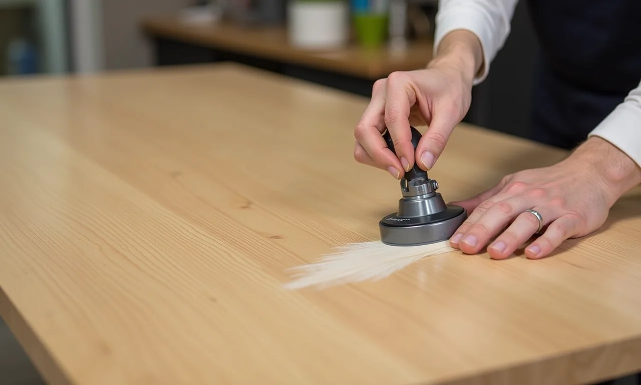 Poliflor cera incolor sendo aplicada em uma mesa de madeira, protegendo e lustrando.