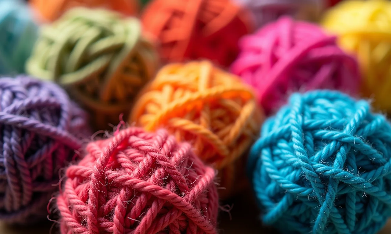 Pompoms coloridos com diferentes texturas de lã.