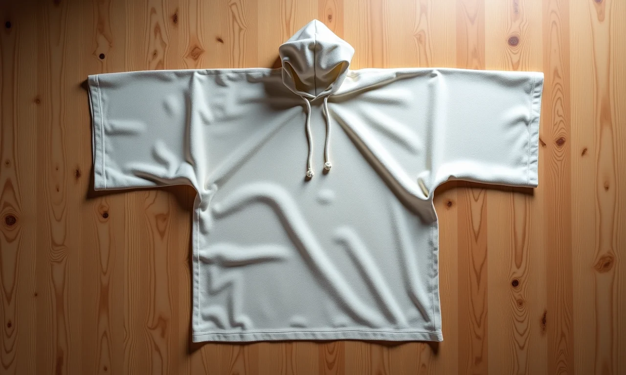 Poncho sem costura esticado sobre uma superfície de madeira.