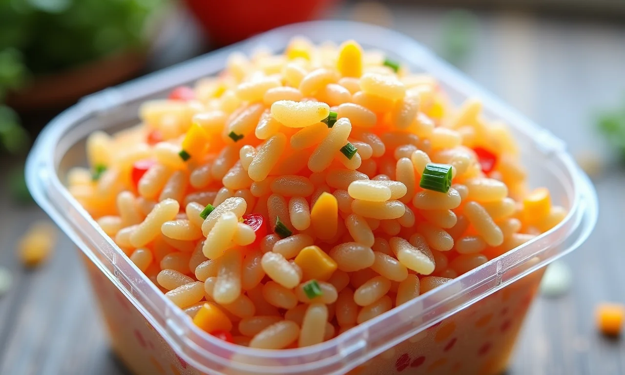 Porção de arroz colorido congelado em pote transparente.