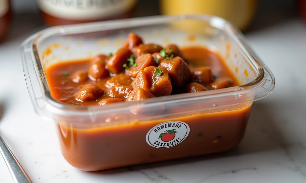 Porção de cassoulet congelado em recipiente de vidro.