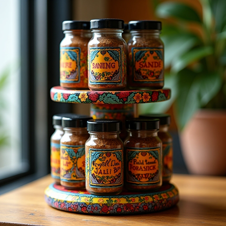 Porta condimentos giratório customizado com pintura colorida.