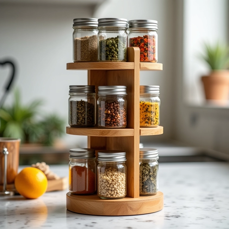 Porta condimentos giratório de bambu: elegância e sustentabilidade na cozinha.