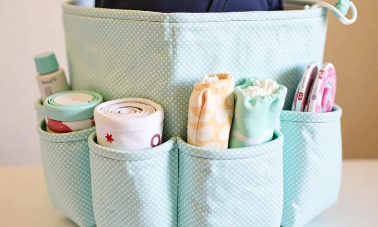 Porta fraldas de tecido com bolsos e acessórios de costura.
