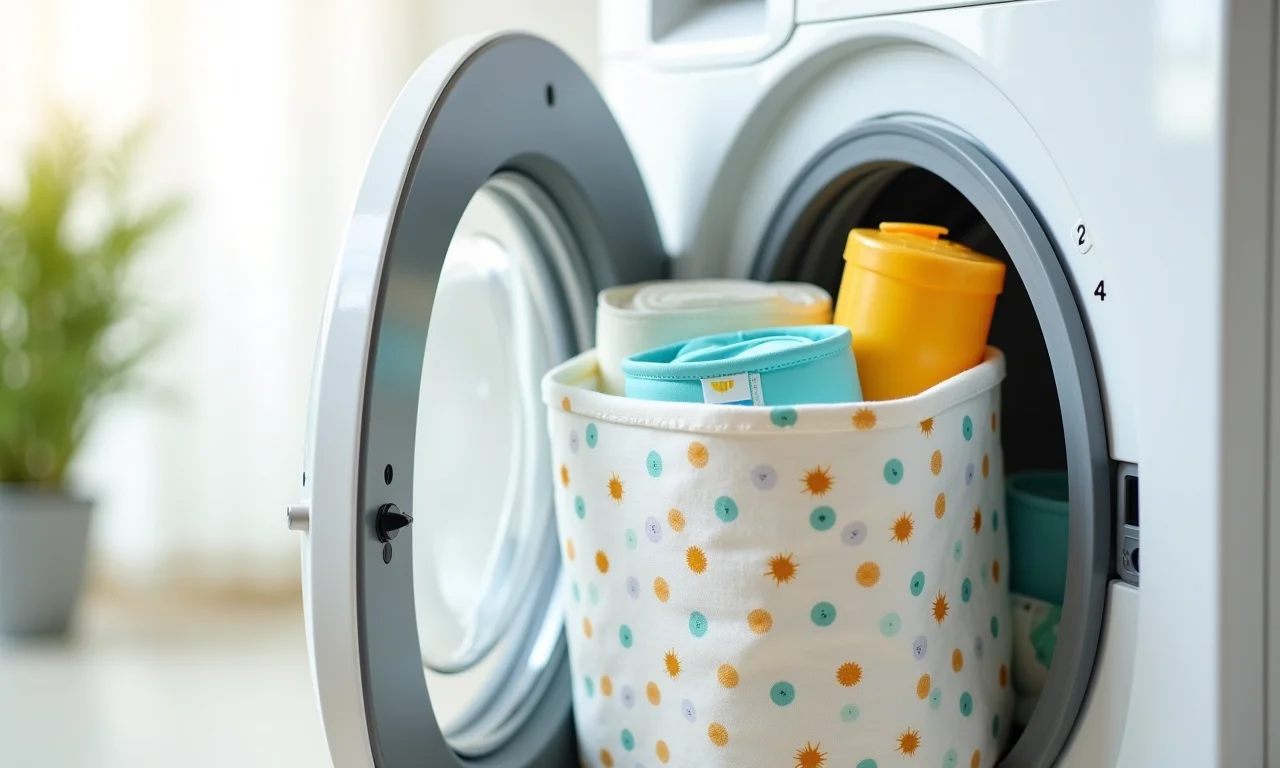 Porta fraldas de tecido dentro de uma máquina de lavar.