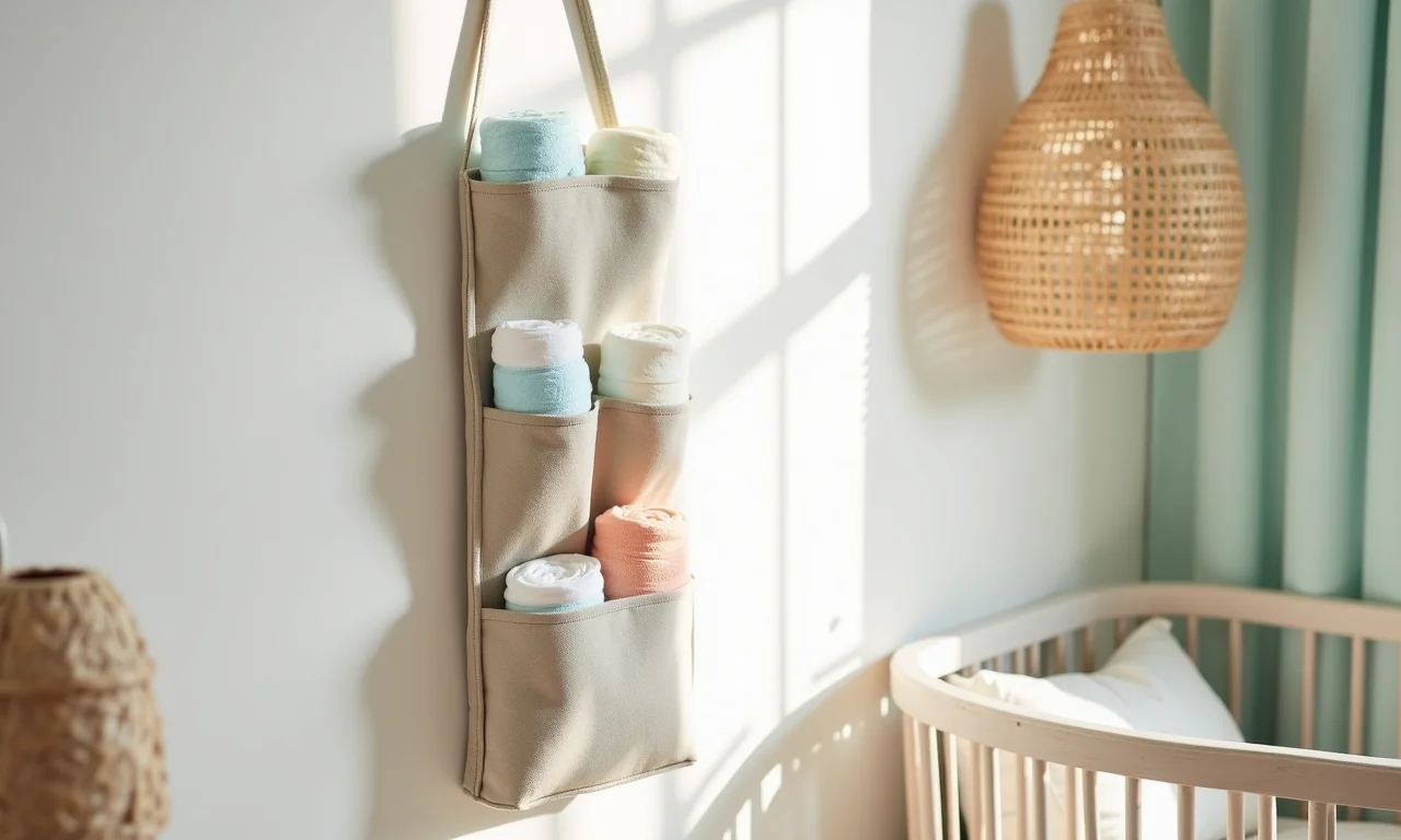 Porta fraldas de tecido pendurado em quarto de bebê com decoração brasileira.