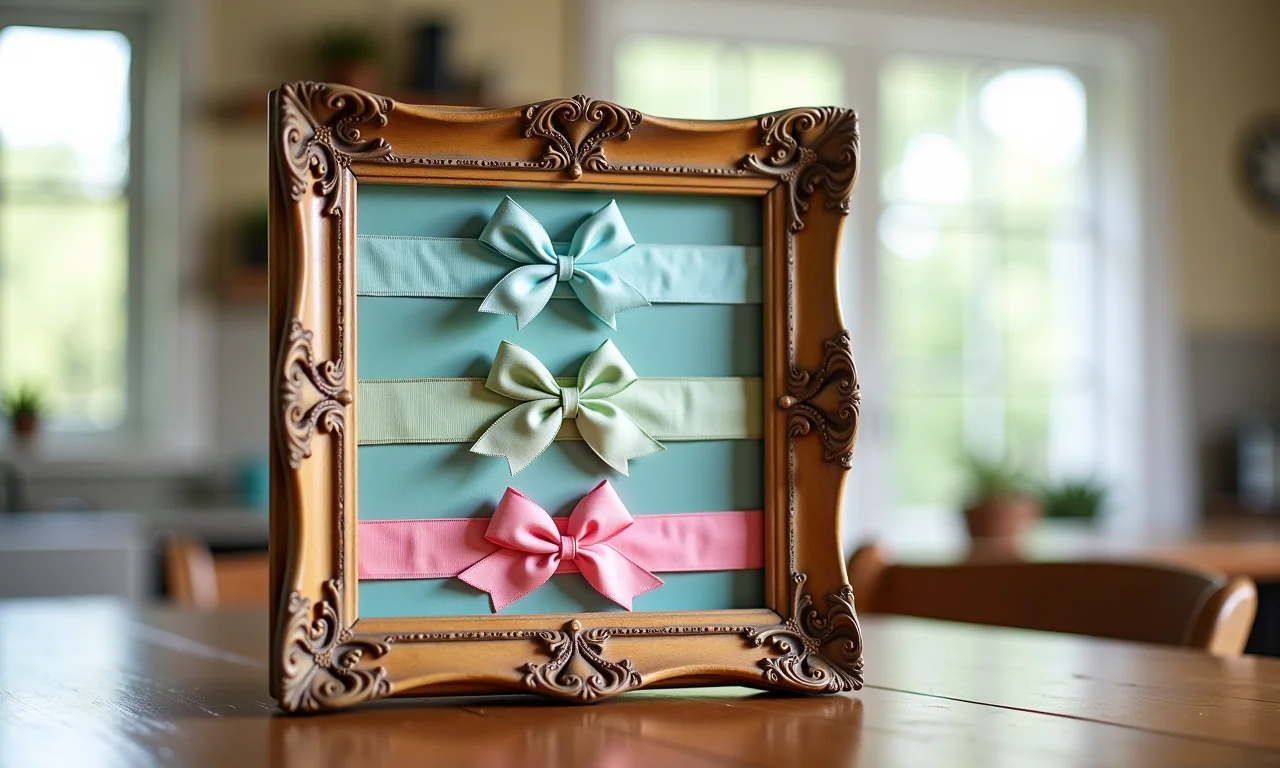 Porta-retrato repaginado como organizador de laços, cores vibrantes.