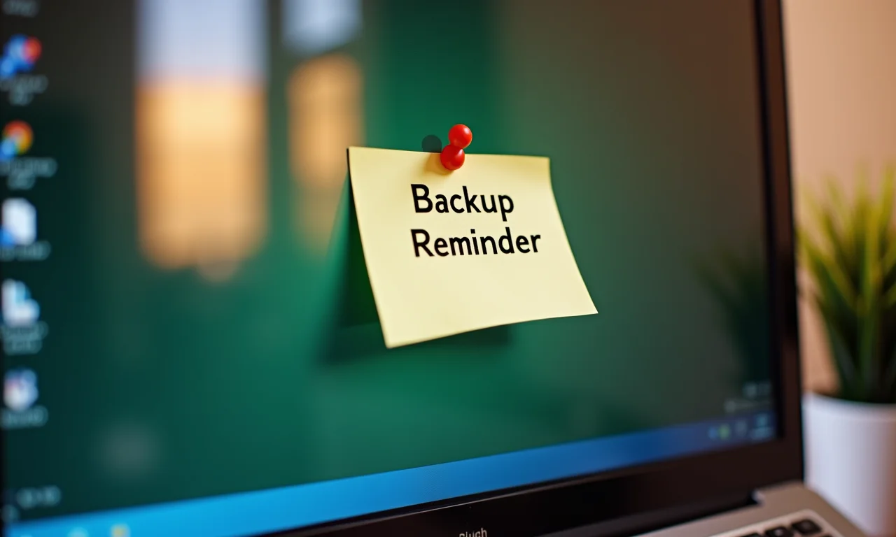 Post-it no monitor do Windows 7: 'Lembrete de Backup'.