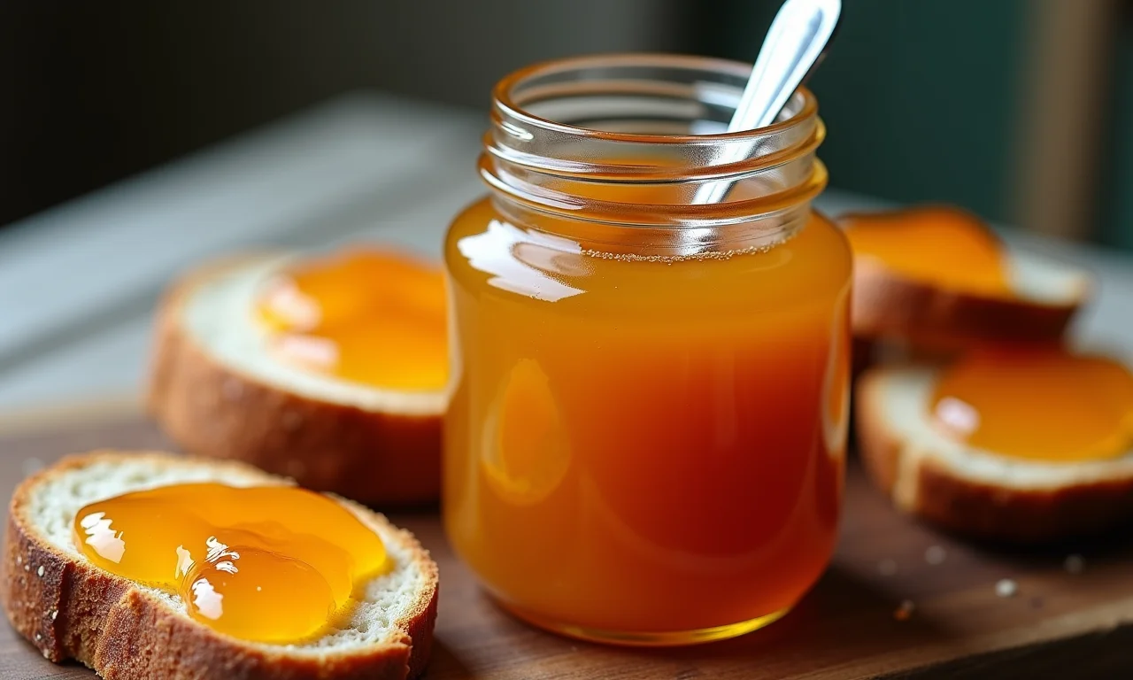 Pote de geleia de pitanga caseira, com fatias de pão e tábua de madeira.