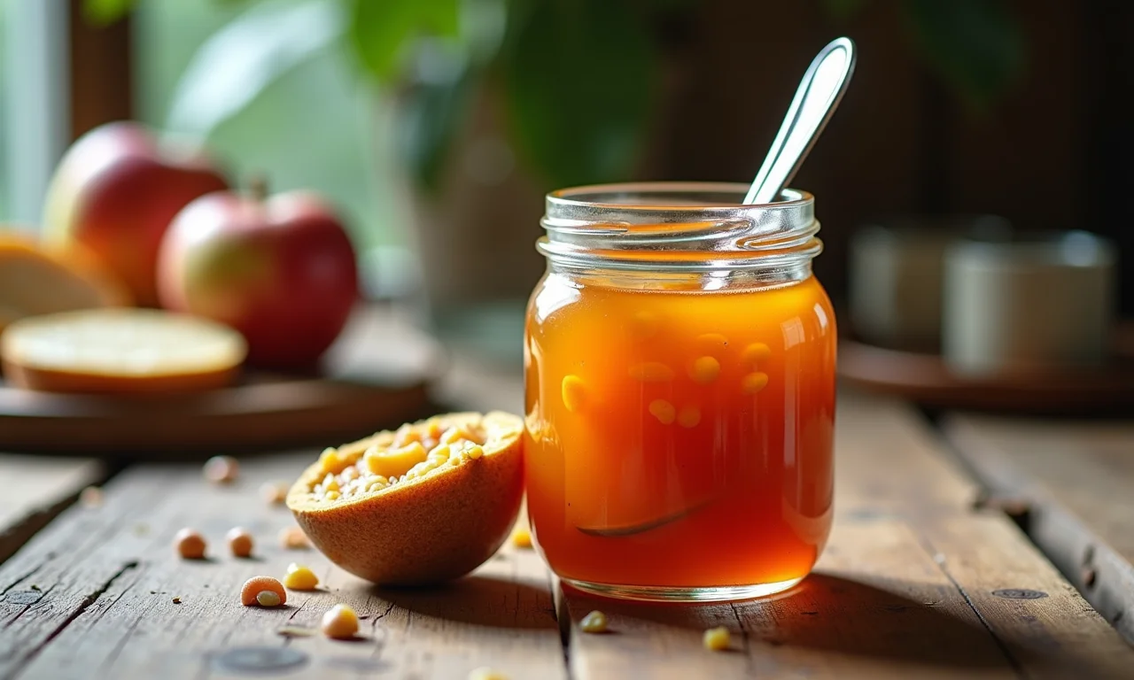 Pote de geleia de umbu caseira em um café da manhã rústico.