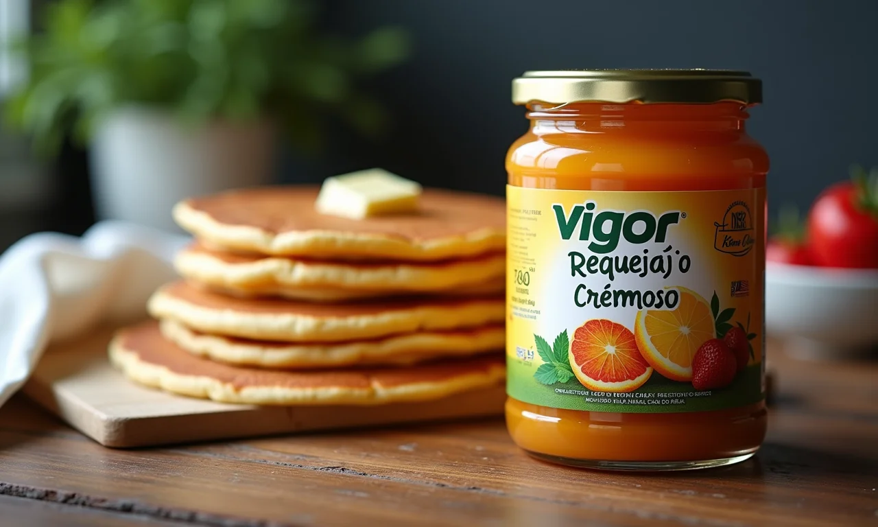 Pote de Requeijão Cremoso Vigor ao lado de uma panqueca.