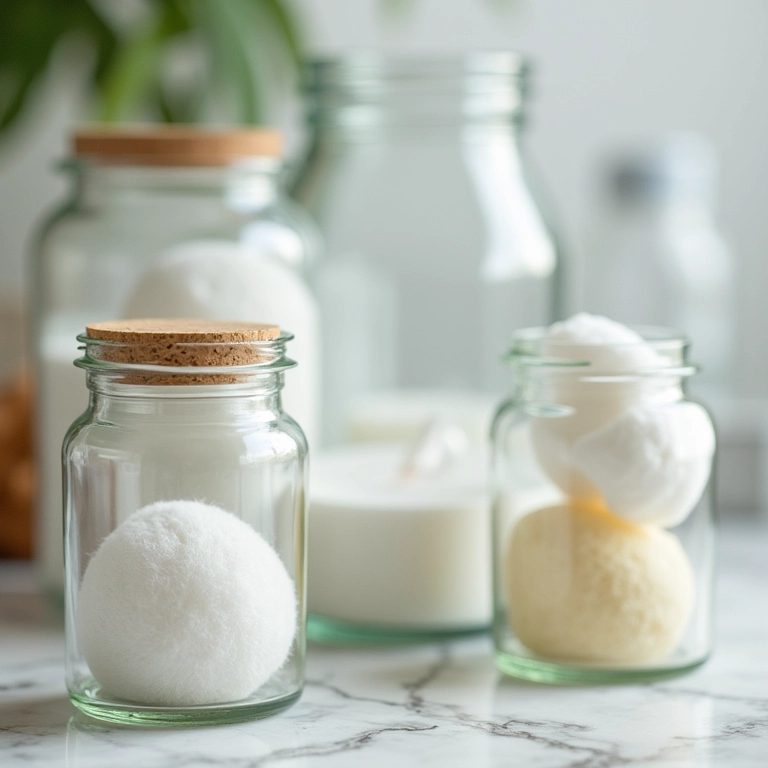 Potes de vidro reaproveitados como decoração funcional no banheiro.