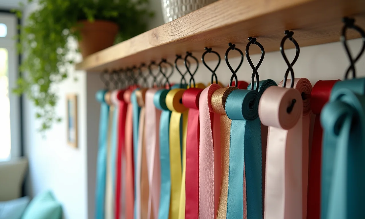Prateleira com ganchos organizando laços coloridos, estilo Farm Rio.
