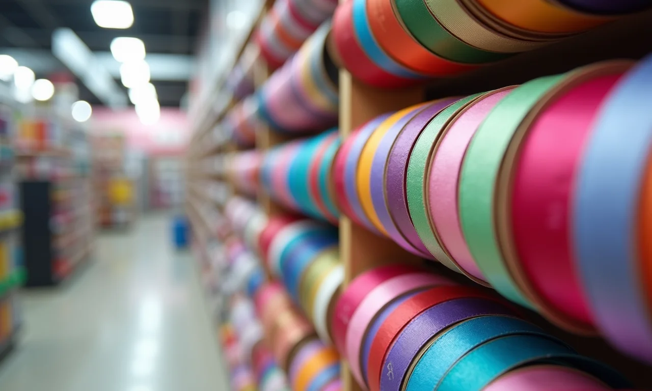 Prateleira de loja de artesanato com diversos materiais para organizadores de laços.