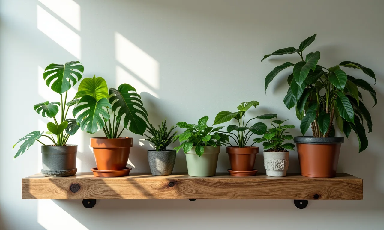 Prateleira de madeira de demolição da Empresa Y exibindo uma variedade de vasos de plantas.