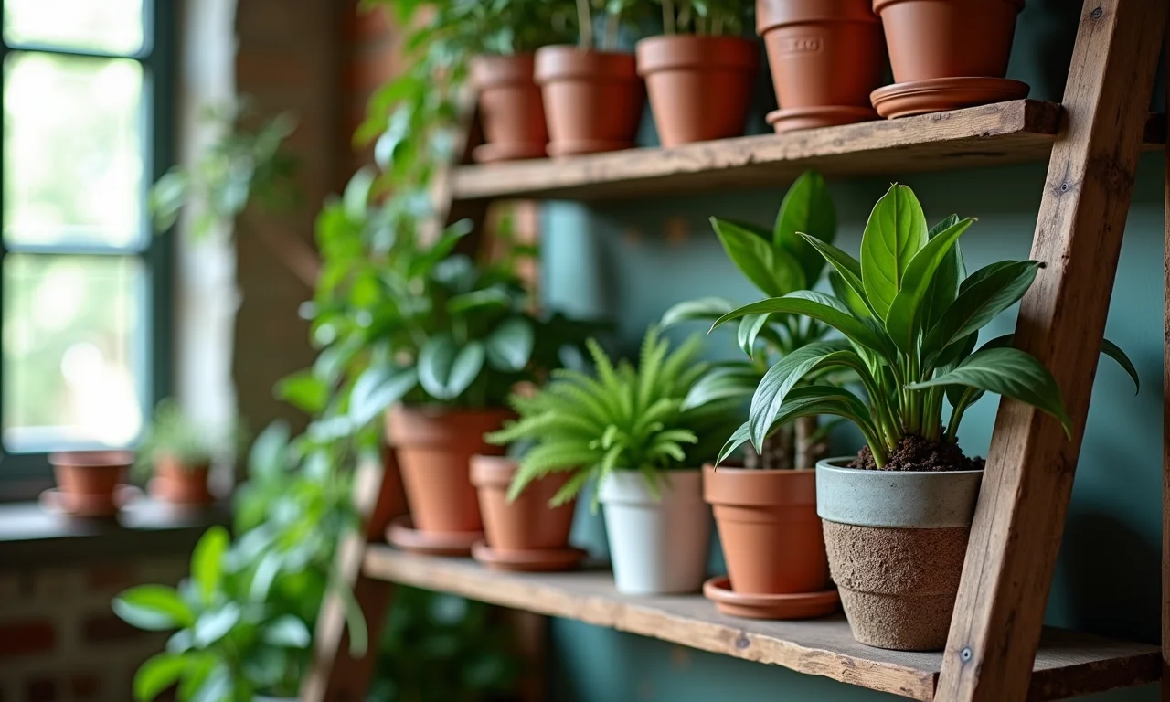 Prateleira escada exibindo vários vasos de plantas, rústica e charmosa.