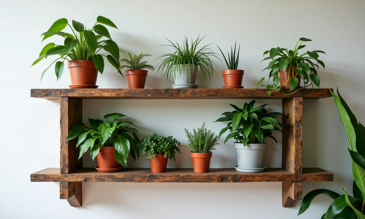 Prateleira rústica feita de materiais reciclados com vasos de plantas variadas.