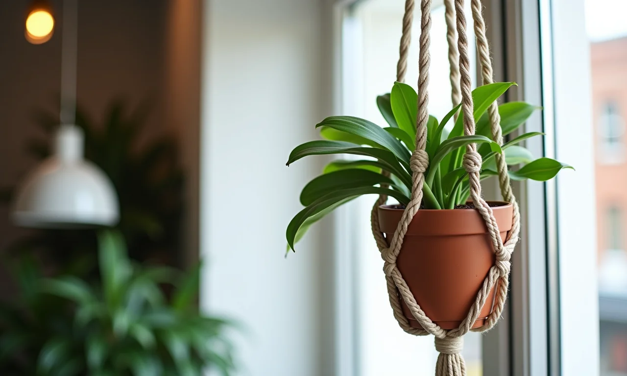 Prateleira suspensa com macramê exibindo um vaso de planta, estética boho e aconchegante.