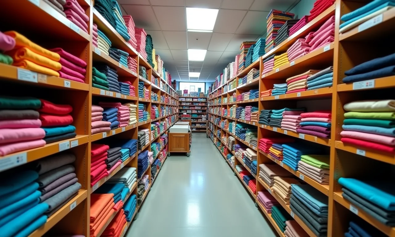 Prateleiras cheias de tecidos coloridos em Armarinhos Fernando.