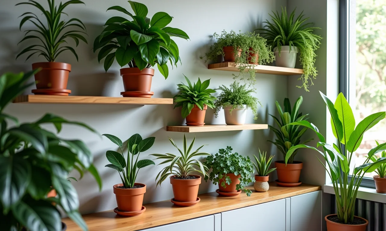 Prateleiras de canto exibindo uma variedade de plantas, maximizando o uso do espaço.