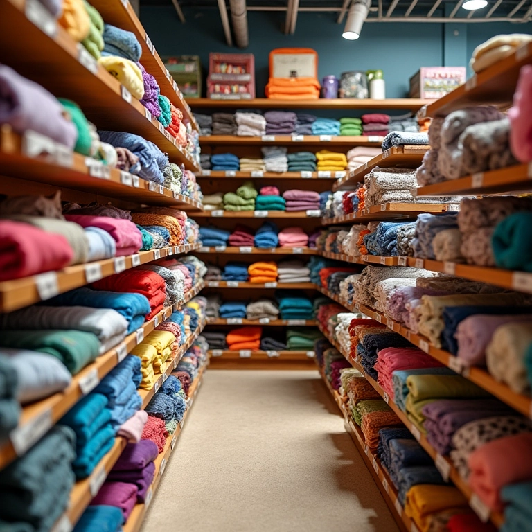 Prateleiras de loja de artesanato repletas de tecidos coloridos.