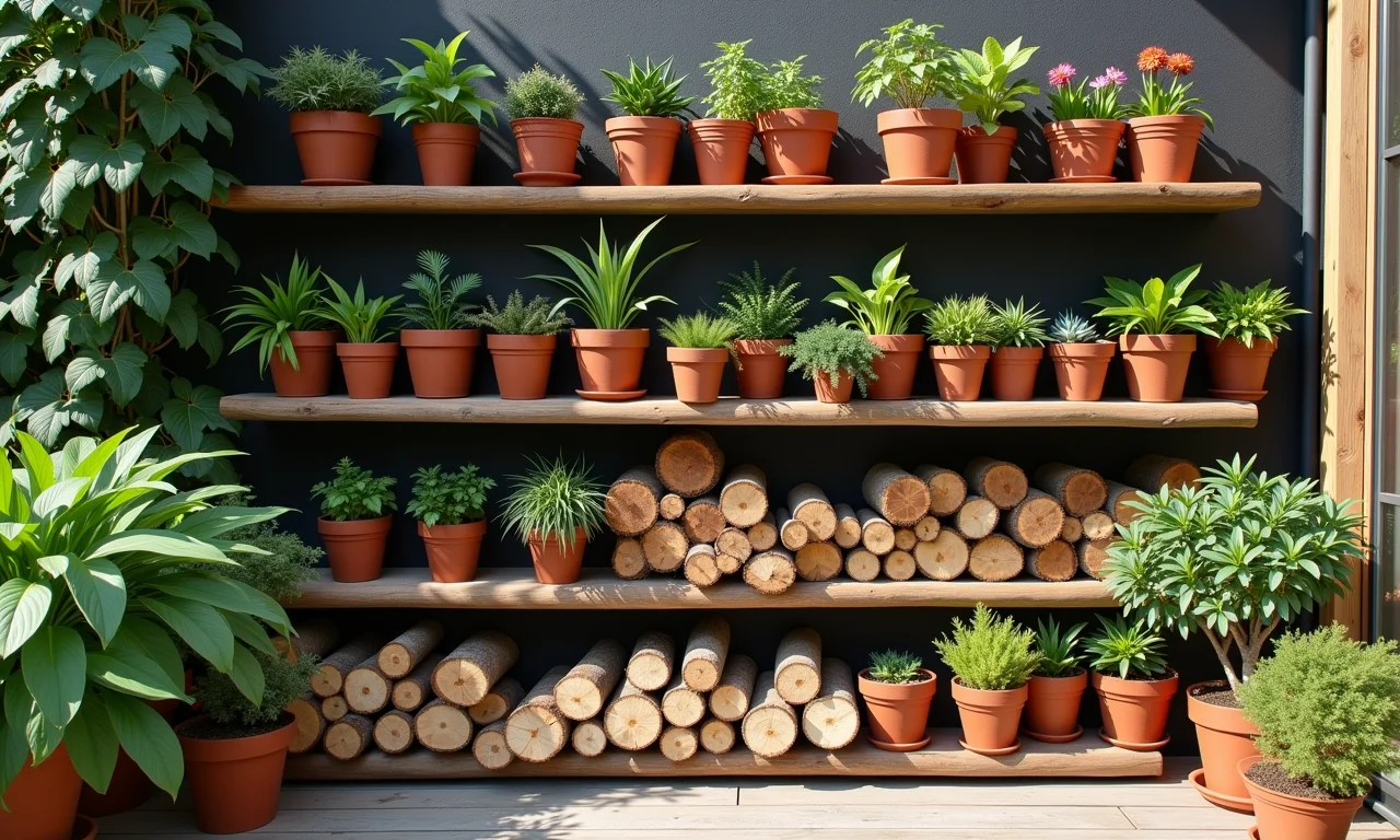 Prateleiras externas de madeira com vasos de plantas, mostrando diferentes tipos de madeira.