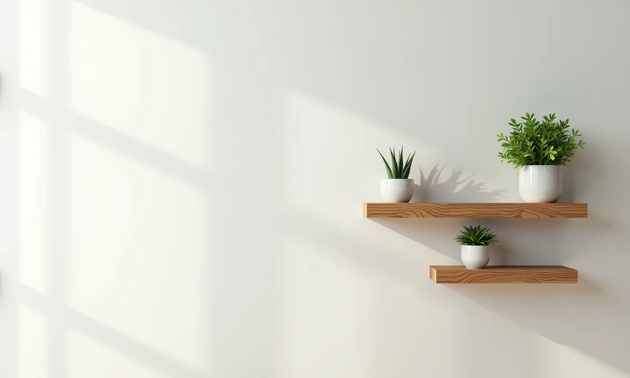 Prateleiras flutuantes de madeira com pequenos vasos de plantas, criando uma estética minimalista e moderna.