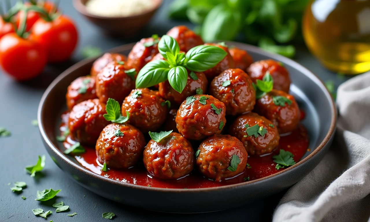 Prato de almôndegas rústicas ao lado de manjericão fresco e azeite.