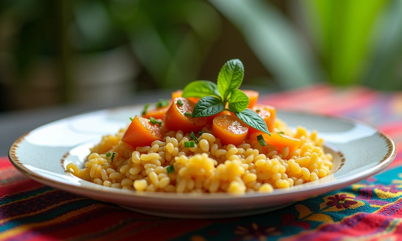 Prato de arroz com guavira em mesa colorida.