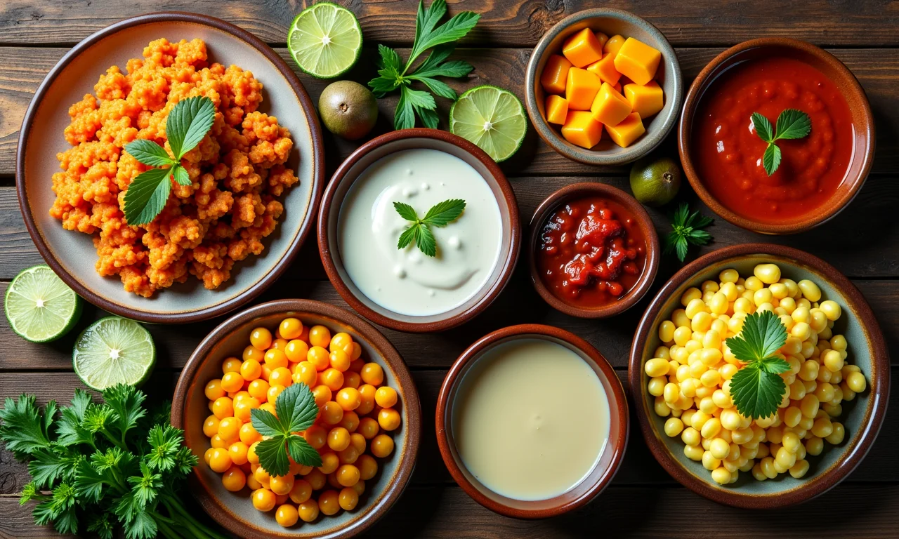Pratos brasileiros coloridos dispostos em mesa de madeira.