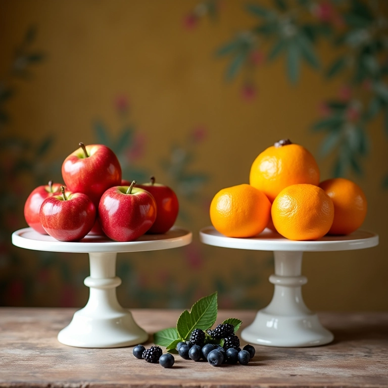Pratos de bolo com pé usados como expositores de frutas.