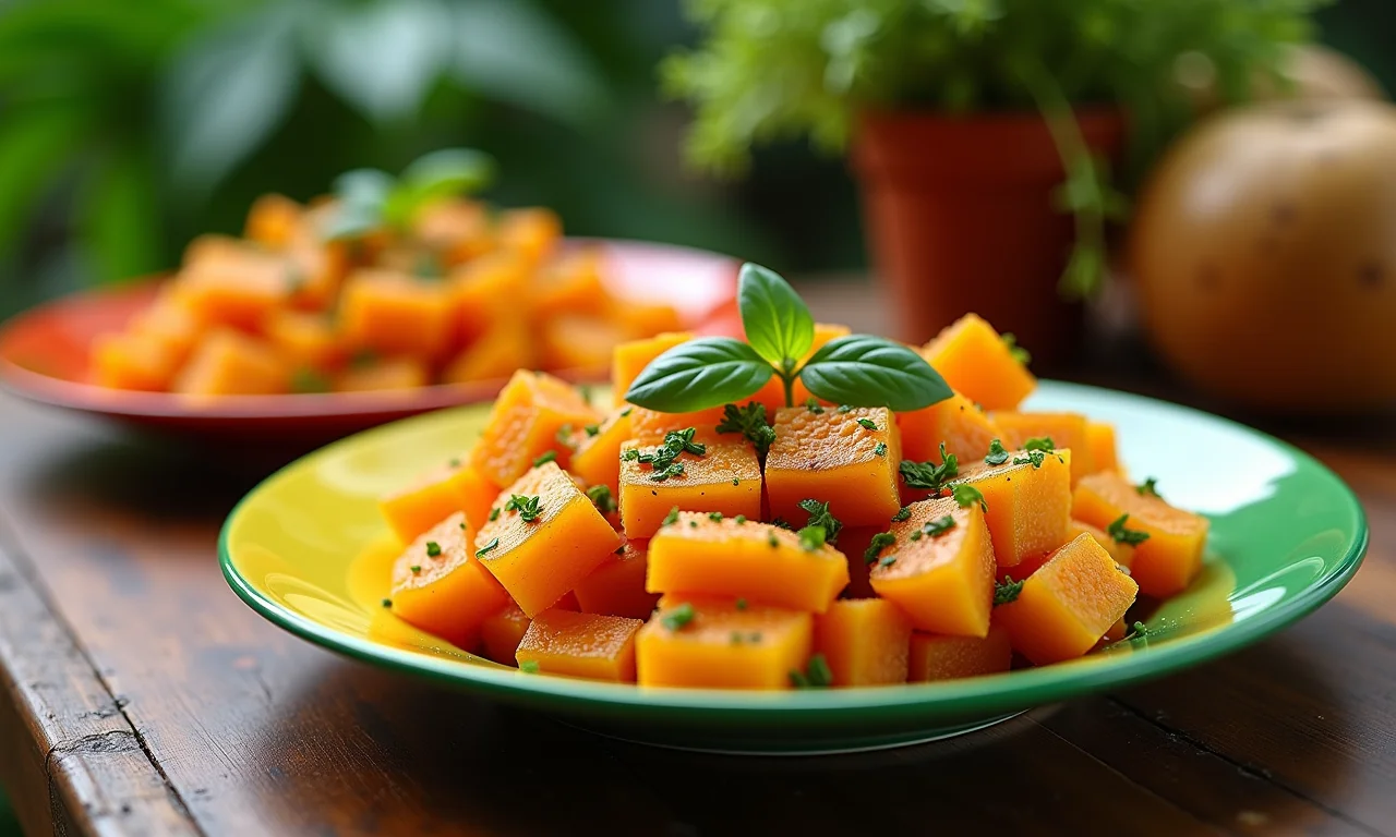 Pratos salgados diversos feitos com a polpa da macaúba em louças coloridas.