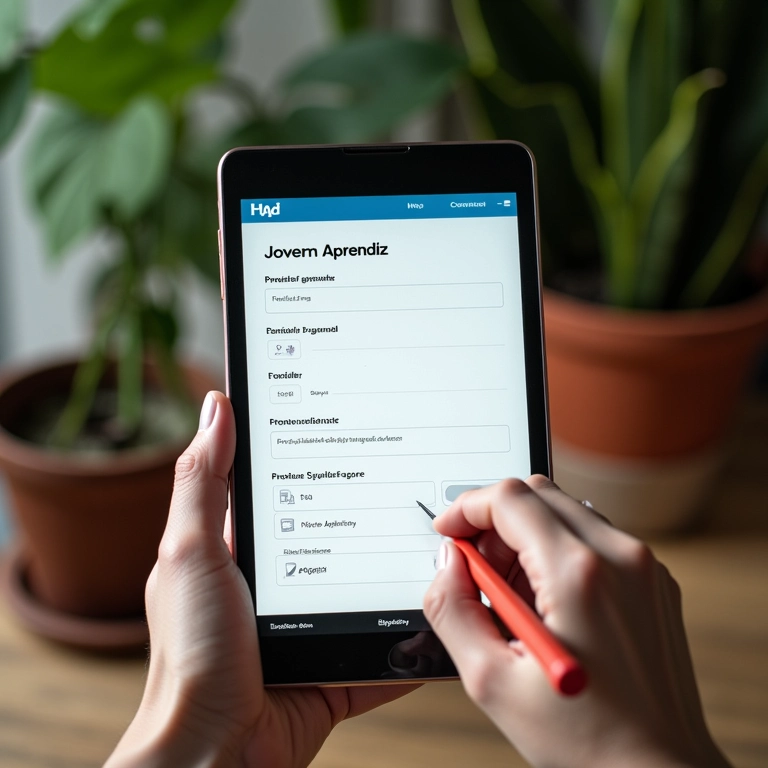 Preenchimento do formulário de inscrição para o Jovem Aprendiz em tablet.